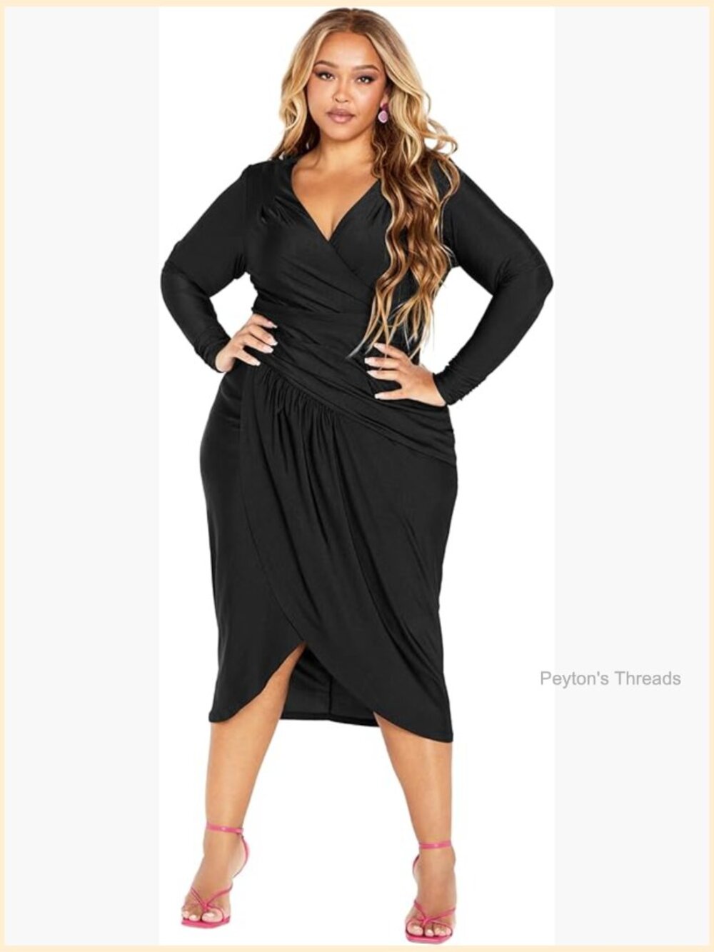 Plus Size Faux Wrap V-Neck Midi Dress with Ruching